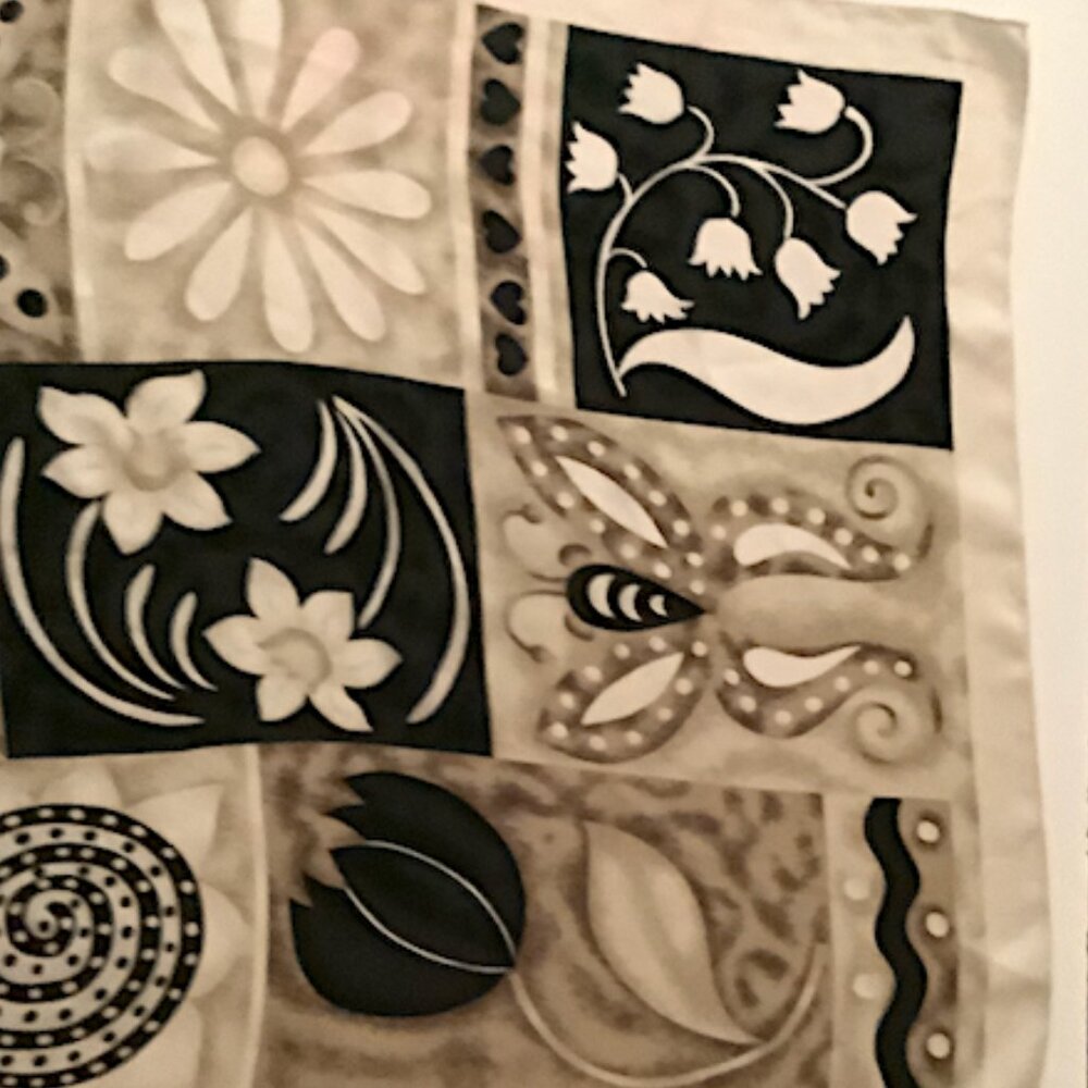 Beiges/Creams multi-colored patterned scarf, 100% silk, ~20 inches square - Picture 3 of 3